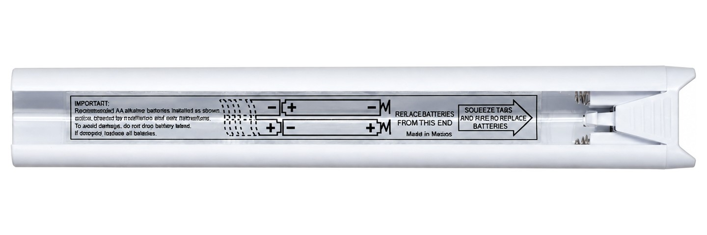 A Hunter Douglas battery wand tube with its cover slid back, showing the two channels the AA batteries sit in and the label diagram of which way they face