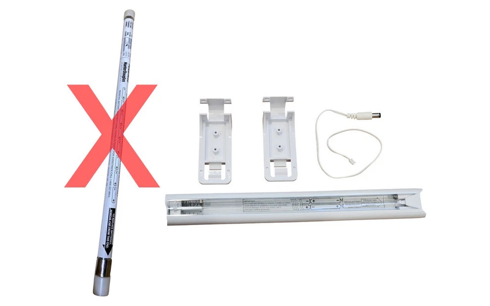 The old sealed battery wand crossed out, beside the conversion kit that replaces it: the battery tube, two mounting brackets and the connector cable