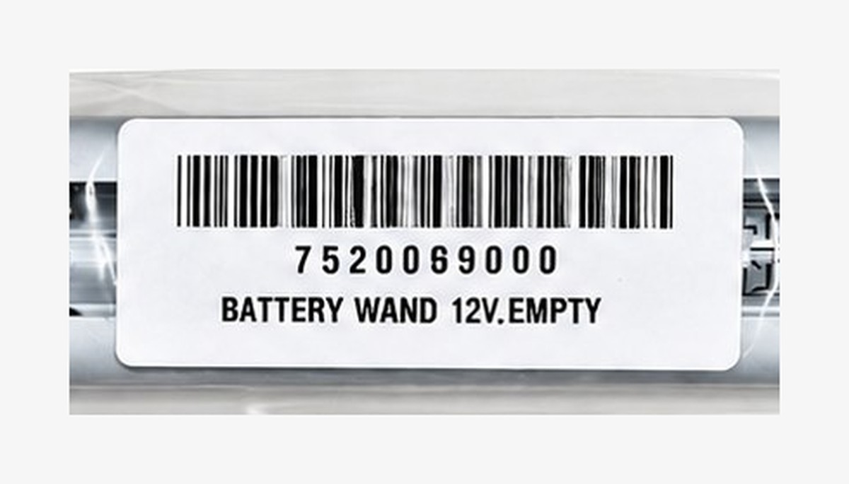 Close-up of the printed label on the 12V wand reading part number 7520069000, BATTERY WAND 12V.EMPTY