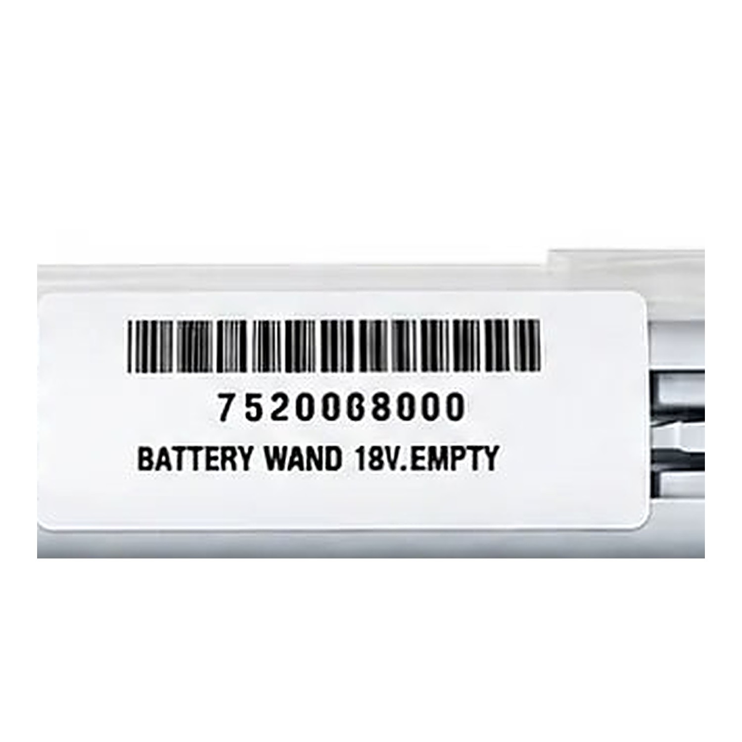 Close-up of the printed label on the 18V wand reading part number 7520068000, BATTERY WAND 18V.EMPTY